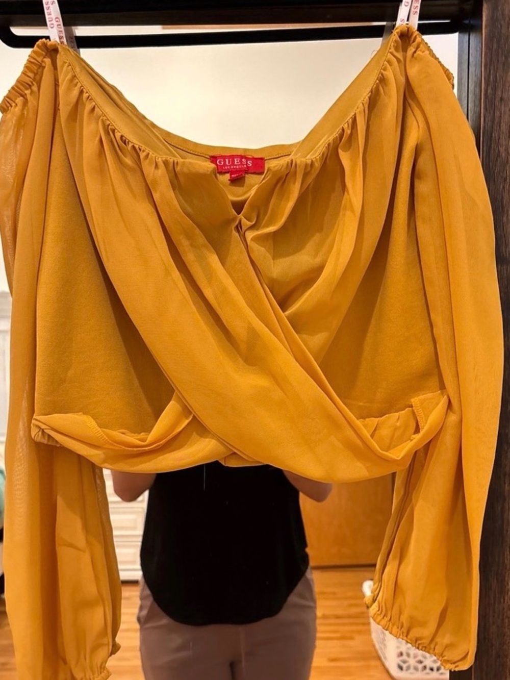 GUESS Mustard Yellow Off-Shoulder Wrap Blouse